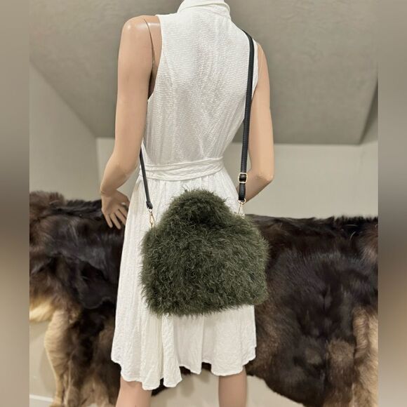 Olive Green Handmade Genuine Curly Shearling Top Handles Bag/Crossbody - Picture 8 of 16